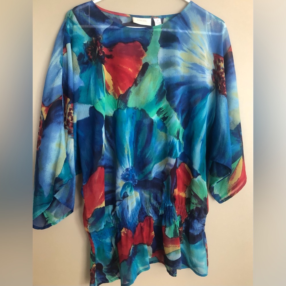 CHICO'S Bold Blue & Red flowers Tunic Blouse  Size 2